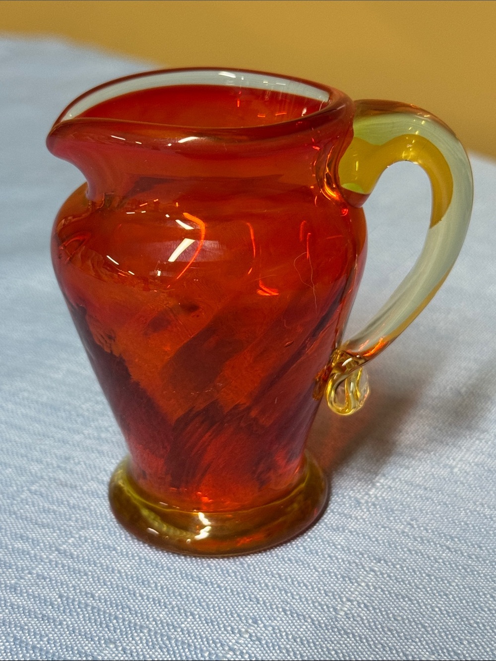 Amberina art glass mini pitcher red-to-yellow gradient color pattern glows 3.25”